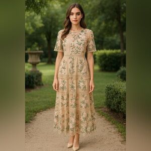 Just Me Nude Mesh Floral Embroidered Midi Maxi Dress Women’s Large